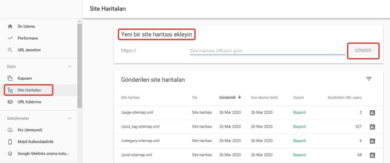 Search Console - Site Haritası Ekleme